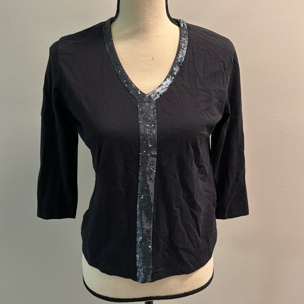 Talbots petite small black 3/4 sleeve with sequin trim